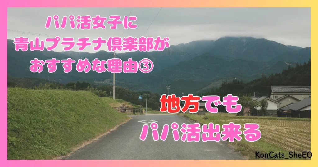 青山プラチナ倶楽部　パパ活　交際クラブ　女性　　特徴　メリット　おすすめな理由　③　地方でもパパ活出来る